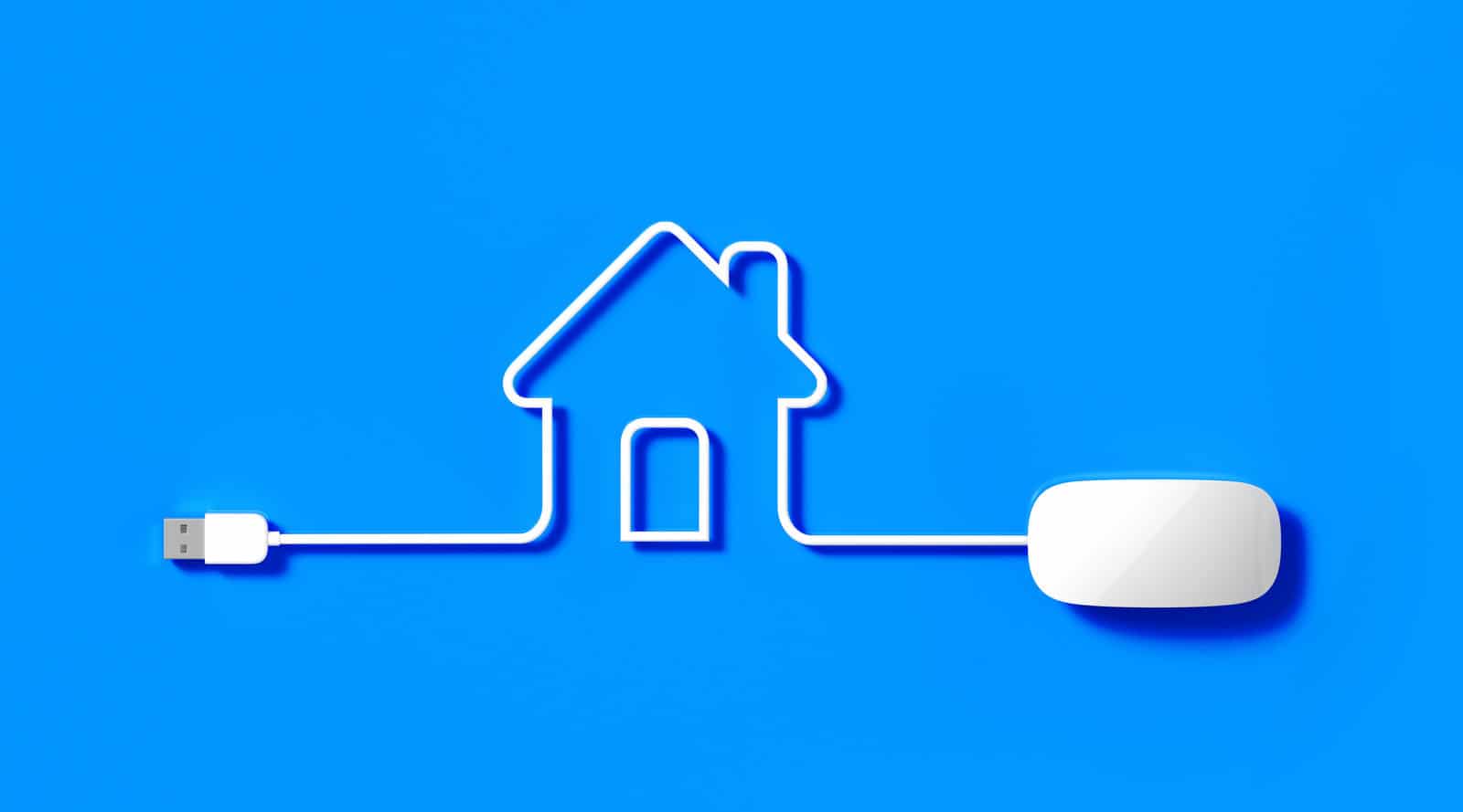 White Mouse Cable Forming A House Symbol on Blue Background
